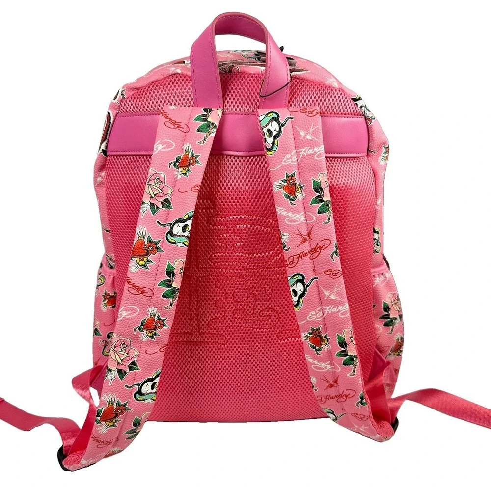 Ed Hardy Pink Multi Backpack NWT Rhinestone Hearts Skull Rose Tattoo Print Bag